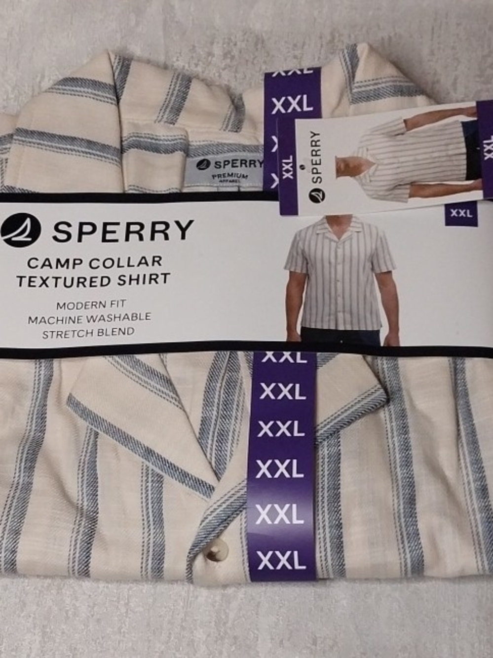 Sperry Men's Cream and Blue Striped Camp Collar Shirt - XXL